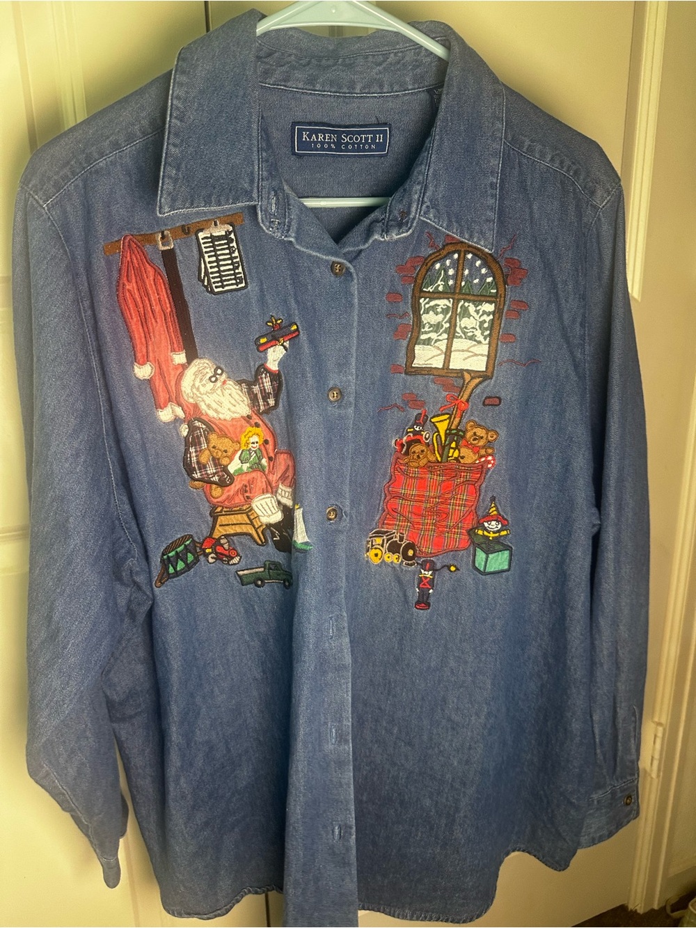 Karen Scott Blue Denim Button-Front Holiday Embroidered Shirt